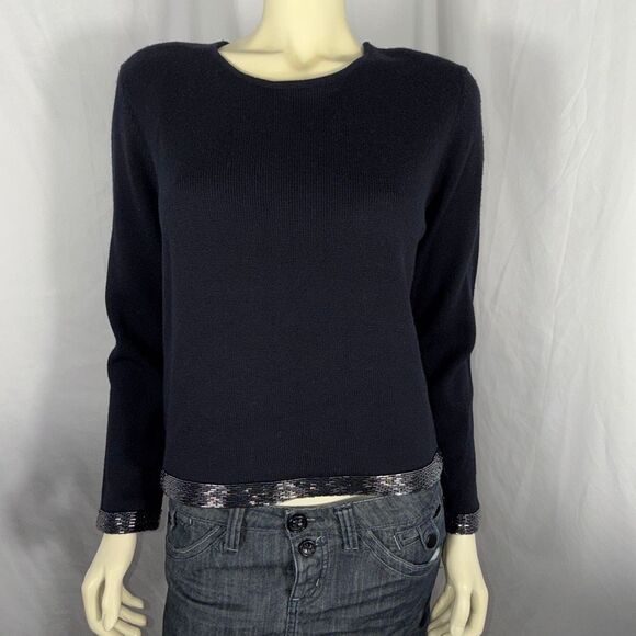 Jones New York 100% Merino Wool Black Sweater w/ Sequin Trim — Size M — New w/ T - Picture 1 of 16